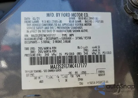 2021 Ford Ecosport S из США, поврежденный, VIN MAJ3S2FE7MC417177